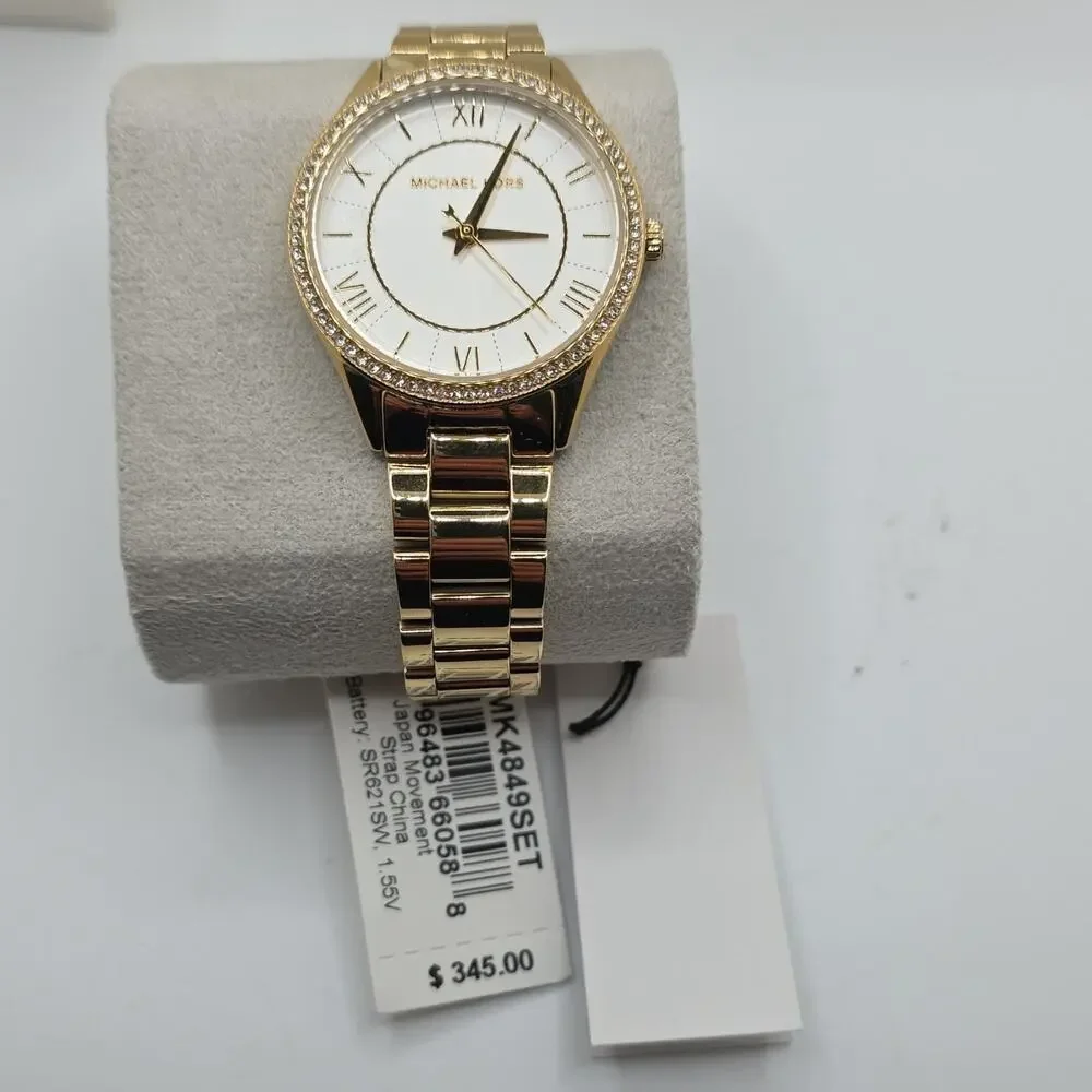 Michael Kors Lauryn Stainless Steel Quartz Watch Earrings and Necklace Gift Set